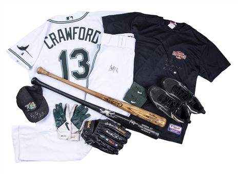 Carl Crawford Early Career Game Used and Signed Memorabilia Collection Including Uniform, Glove, Cleats, Batting Gloves, Undershirt, Wristbands and 2 Bats (Crawford LOA)